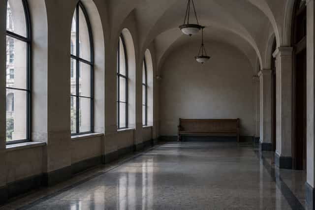 An empty corridor in a 1930s California county courthouse with arched windows and terrazzo floors