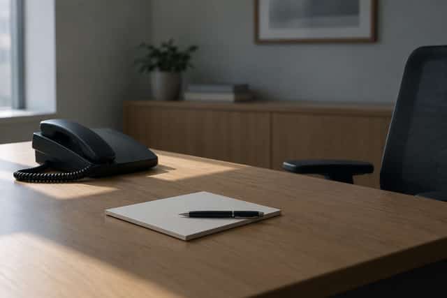 A desk telephone handset and a blank notepad on a wooden desk beside a window