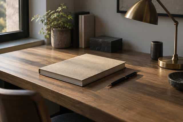 A closed ledger book, a pen, and a small brass lamp arranged neatly on a tidy desk