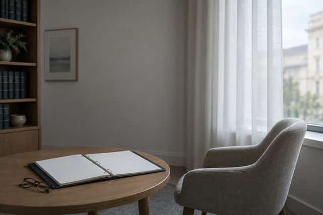 An open unmarked binder resting on a table in a quiet reading alcove by a window