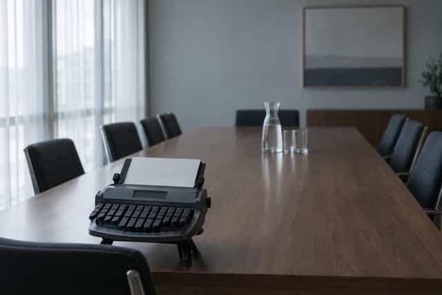 A stenotype machine on a tripod beside a polished conference table in an empty deposition room, lit by morning window light