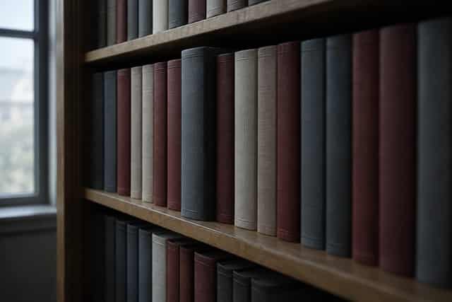 Rows of unlabeled bound transcript volumes on wooden shelving in a quiet records room