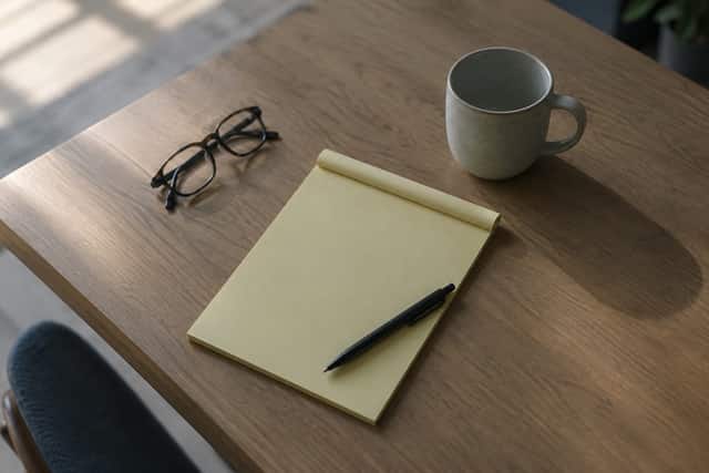 A clean desk with a blank legal pad, a pen, and a folded pair of glasses in morning light