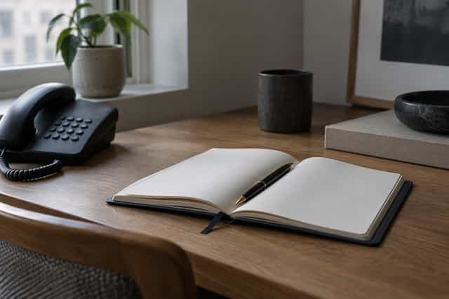 An open blank planner and a desk telephone arranged on a wooden desk