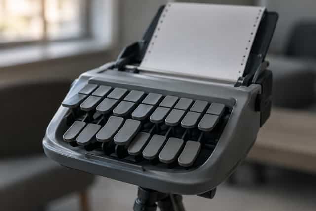 Close view of a stenotype machine's blank keyboard and folded paper tray on its tripod