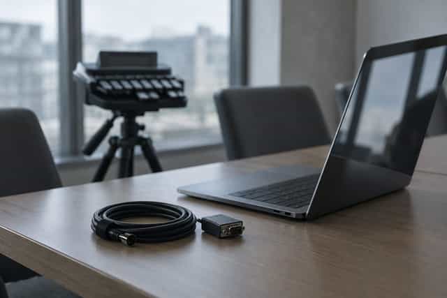 A reporter's station with a dark laptop screen angled away, a coiled cable, and a shorthand writer beyond