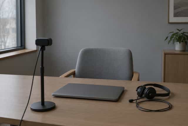 A remote deposition setup: a webcam on a stand and headset beside an empty chair at a desk