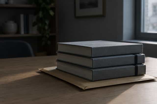 Stacked finished transcript volumes with plain covers waiting on a desk in early light