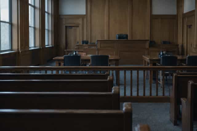 An empty courtroom interior with wooden benches, the bar rail, and the bench in soft focus