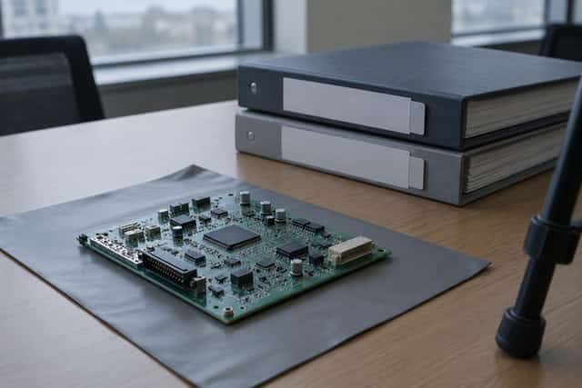 A technical exhibit laid out on a conference table: a bare circuit board beside stacked binders