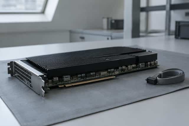 A hardware accelerator card on an antistatic mat on a lab bench, photographed as an exhibit