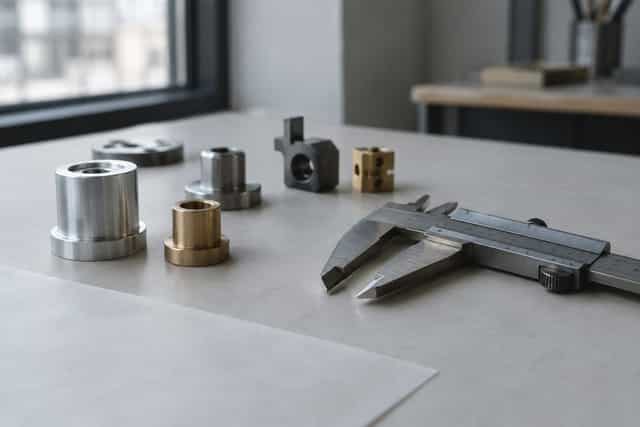 Machined prototype components and a caliper arranged on a drafting table