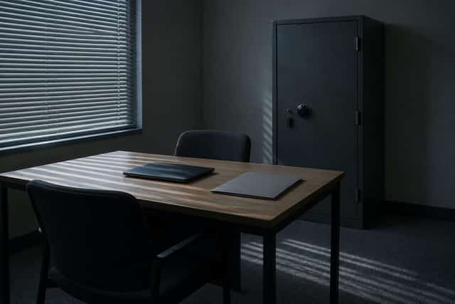 A secured review room: a single desk with a closed laptop and a locked steel cabinet, blinds drawn