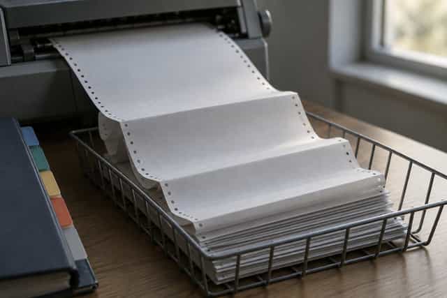 Folded blank steno paper spilling from a writer's tray beside binders with blank index tabs