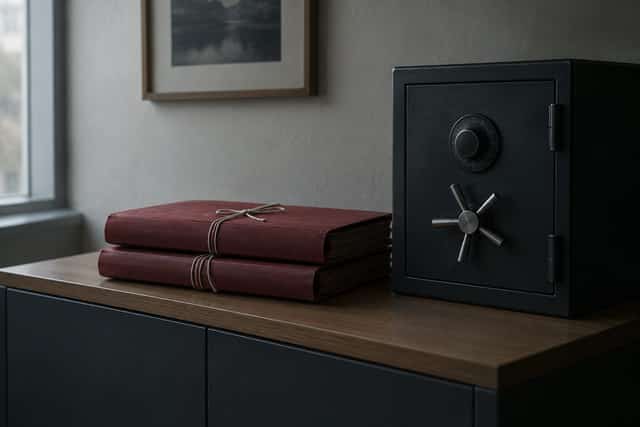 Sealed redweld folders bound with cord beside the closed door of an office safe